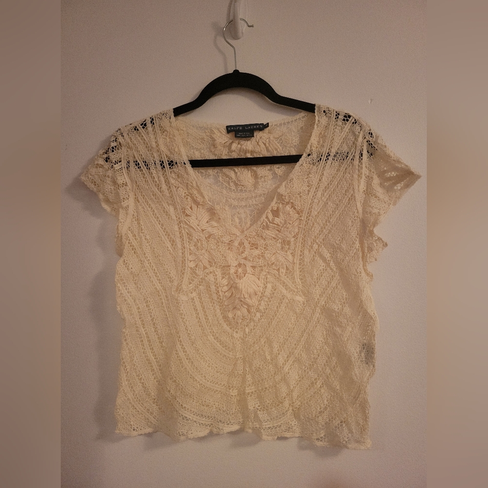 Ralph Lauren Cream Lace Crochet Top Boho Festival Style – Size M (est)